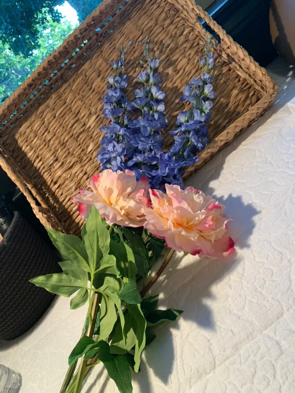 5 Faux floral stems-blue Delphiums, peachy pink peonies.